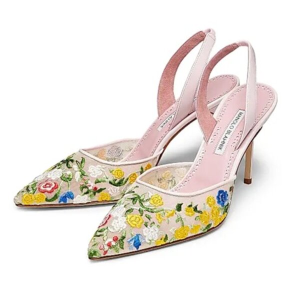 Manolo Blahnik Jardoline 90MM Floral-Embroidered Mesh Slingback Pump - Picture 1 of 6